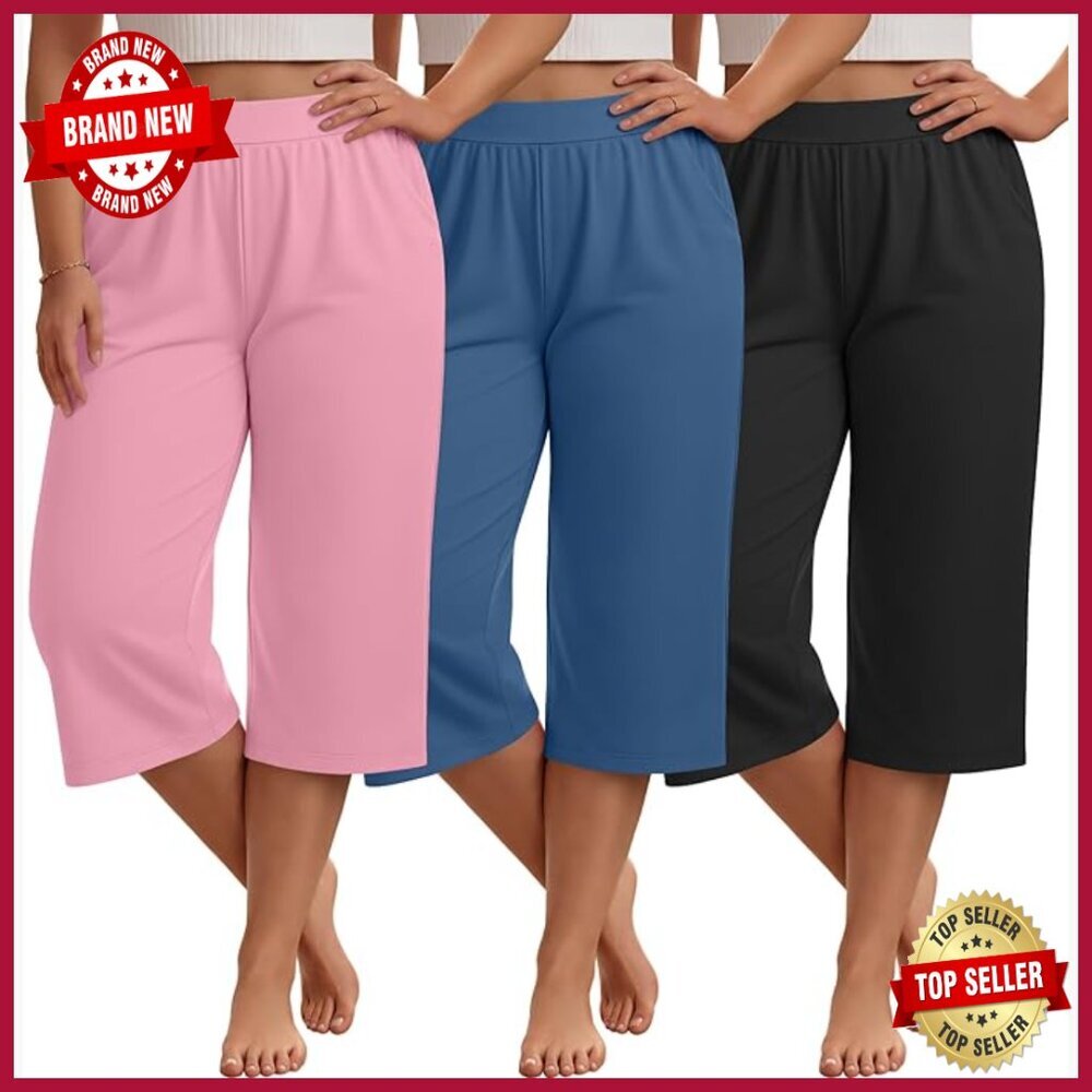 Plus Size Capri Sweatpants 3 Pack Wide Leg Yoga Pants with Pockets
